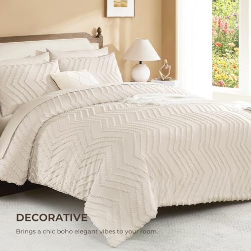 Image of Litanika Beige Queen Size Comforter Set with Sheets - 7 Pieces Bed in a Bag Queen Boho Tufted Complete Bedding Sets with Comforter, Sheets, Pillowcases & Shams