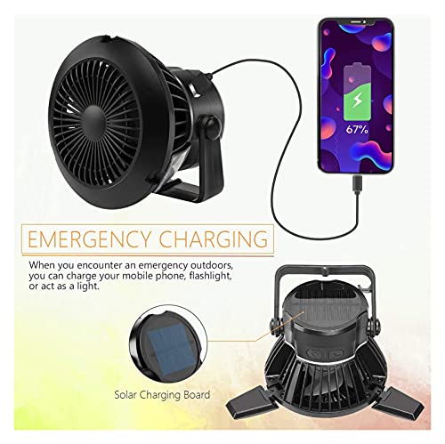 Ventilatore da tenda ricaricabile con luci, ventilatore solare, con ventilatore a soffitto, ventilatore alimentato a batteria per campeggio, pesca, escursionismo, all'aperto, con gancio per appenderlo