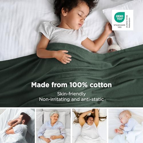 Image of Bedsure 100% Cotton Blanket, Herringbone Weave, Throw XL, Dark Green