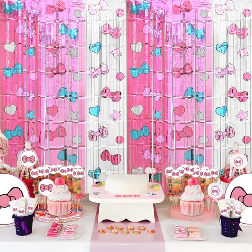 Cortinas de flecos de papel de aluminio de gatos Kawaii de 3.2 x 6.5 pies para fiestas de cumpleaños 4