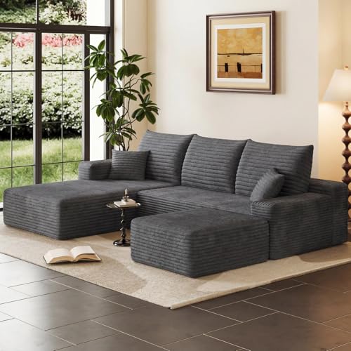 Image of 95 inch Cloud Sectional Couch with Ottoman,Modern U-Shaped Cloud Couch with Deep Seat,Comfy Corduroy Sofa,Memory Foam Sofa for Living Room,No Assembly (Dark Gray,Left-Facing Chaise)