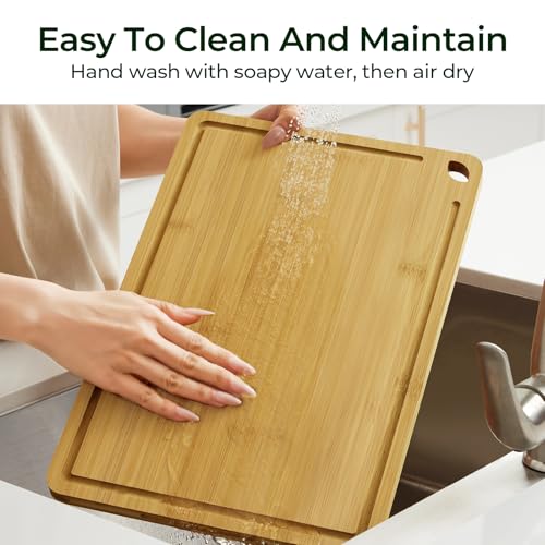 Image of Keechee Natural Bamboo Cutting Board Set of 2, Wood Chopping Blocks | Deep juice grooves, built-in handles, versatile two piece set for meat, cheese and fruit