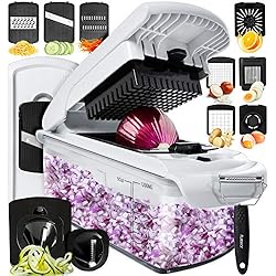 Picador De Verduras En Espiral Cortador de Verdura Mandolina de Cocina Profesional - Rallador y Picadora Manual para Verduras Patatas Cebolla (11-en-1 - Blanco)