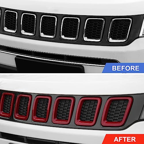 Image of Front Grille Grill Inserts Cover Compatible with Jeep Compass 2017 2018 2019 2020 2021 ABS Grill Cover Rings Frame Trims Kit 7PC (Red)