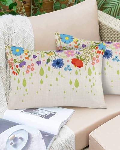 Boanket Lumbar Pillow Covers 12 x 20 in, Spring Floral Waterproof Throw Pillow Cover Set of 2, Colorful Flowers Botanical Summer Rustic Home Decorative Rectangle Cushion Covers for Patio/Couch/Garden