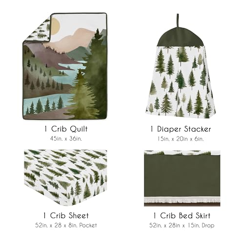 Image of Sweet Jojo Designs 4-Piece Baby Crib Bedding Set (Sage Green Woodland) for Boys or Girls, Infants /Nursery incl. Blanket, Fitted Sheet, Skirt, Diaper Stacker (Forest Nature, Pine Tree, Christmas Trees)