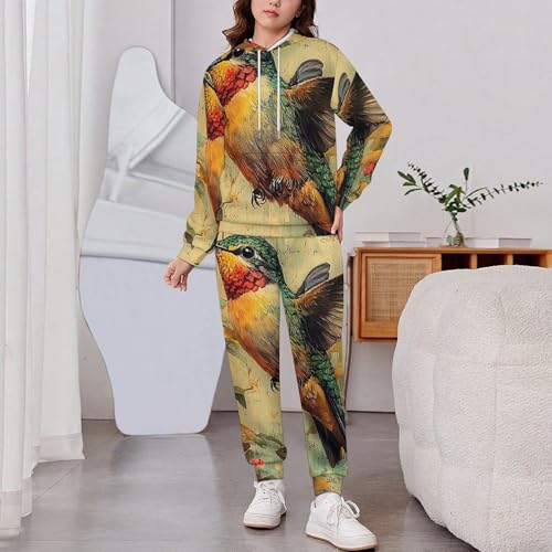 Boys Girls Sweatshirt Set 2 Piece Pullover Hoodie Kid Jogger Sweatpants, Hummingbird Vintage2
