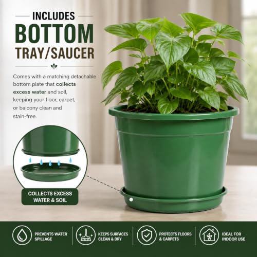 Image of 12 Inch Glossy Forest Green Plastic Planter with Bottom Plate | Heavy Duty Flower Pot with Tray for Indoor Home Decor, Balcony, Living Room & Outdoor Garden (12 Pot, Forest Green)