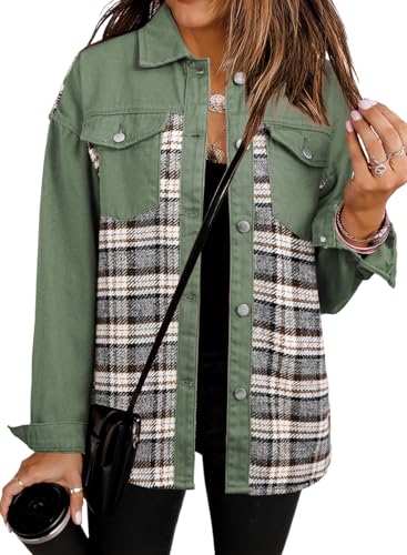 SHEWIN Womens Oversized Denim Jacket Casual Long Sleeve Button Down Plaid Shacket Boyfriend Jean Jacket With Pockets2