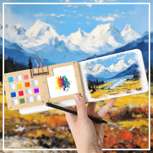 TKNOUS Mini Watercolor Paint Set, Travel Watercolor Portable Pocket Artist Kit with Wooden Palette Book Brushes Binder Clips Drawstring Bag Art Oil Pot for Painters Artists Students