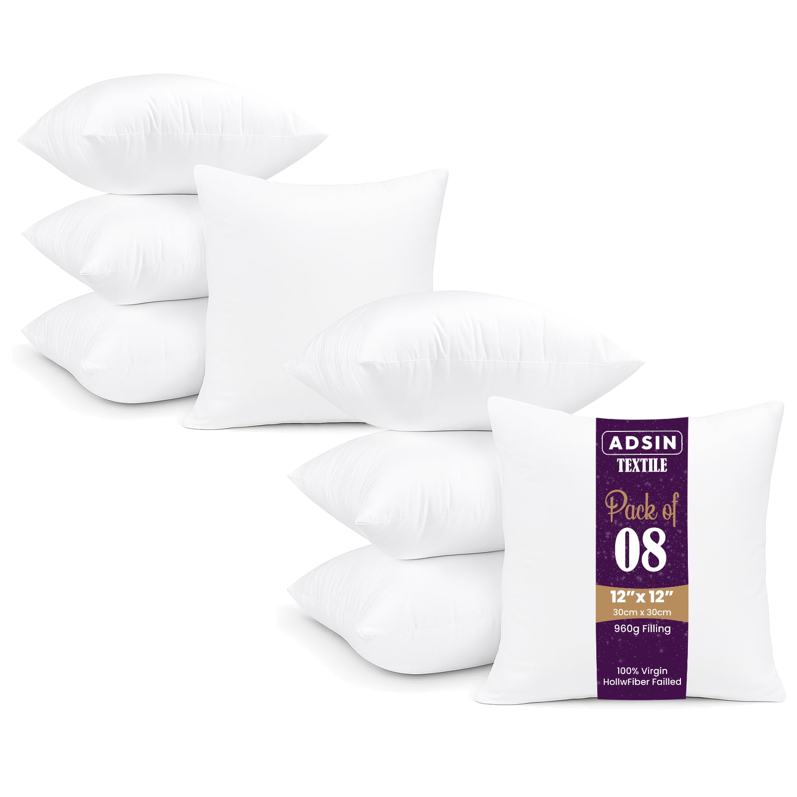 Set of 8-30cm x 30cm Hollowfibre Cushion New White Pad Inner Stuffer Pillow Polyester Insert Square Hypoallergenic (Pack of 8 | 12" x 12")