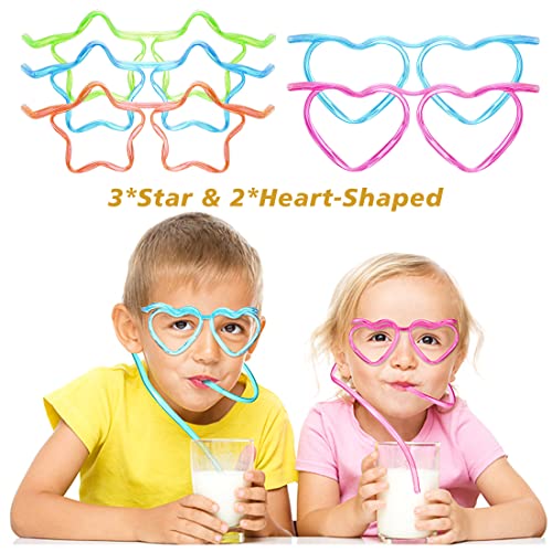 Image of Funny Silly Straw Glasses Star & Heart-Shaped Eyeglasses Straws Crazy Fun Loop Straws Novelty Drinking Glasses Straw for Annual Meeting, Fun Parties, Birthday, Assorted Colors 5 Pieces