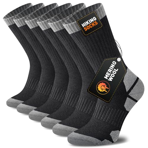 Niorasen Merino Wool Hiking Crew Socks for Men & Women, Thick Cushioned Anti-Blister, Moisture-Wicking, Seamless, 3 Pairs