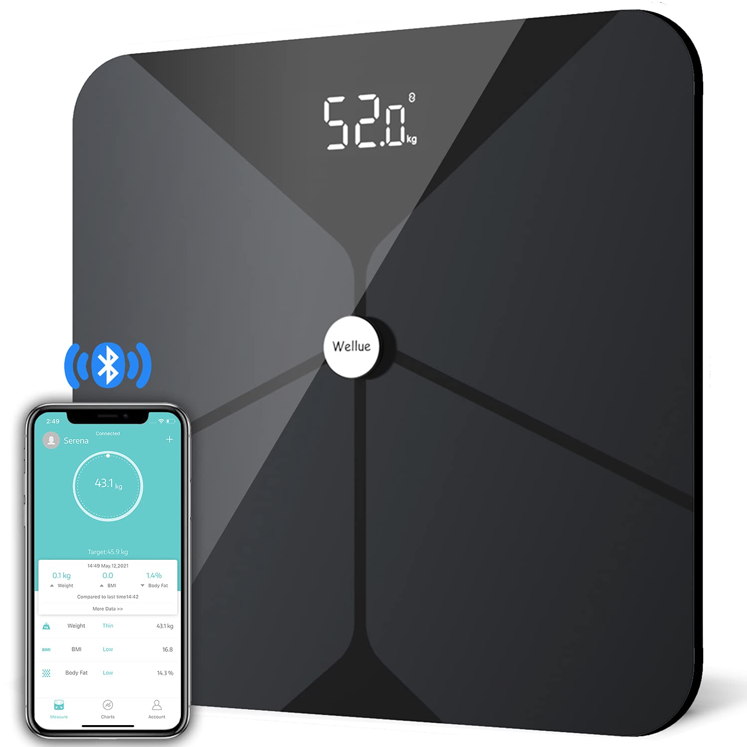 Wellue Bilancia grasso corporeo, bilancia pesapersone digitale, vincitore del test digitale, bilancia con grasso corporeo e massa muscolare, bilancia corpo Bluetooth con app, bilancia digitale
