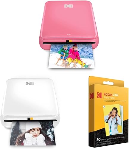 Zink Kodak Step - Impresora fotográfica instantánea (rosa) y escalones inalámbricos para fotos (blanco), papel fotográfico premium de 2 x 3 pulgadas