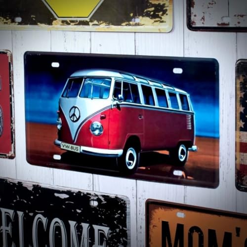 Image of Eazy Wagon Volkswagen White & Red Van Retro Metal Wall Sign | Vintage Number Plate Wall Decor for Home Cafe Bar Garage | Decorative Tin Plaque Wall Hanging Classic VW Bus Artwork