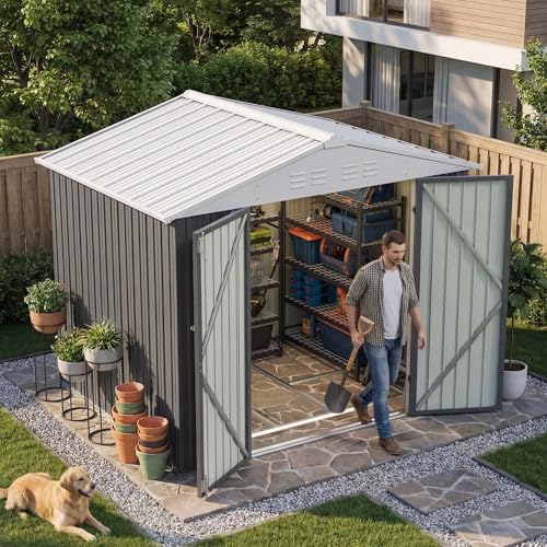 Image of Devoko 8 x 6 FT Storage Sheds with Floor Frame, Waterproof Garden Tool Shed with Lockable Door, Outdoor Metal Utility Shed for Backyard Patio Lawn, Gray
