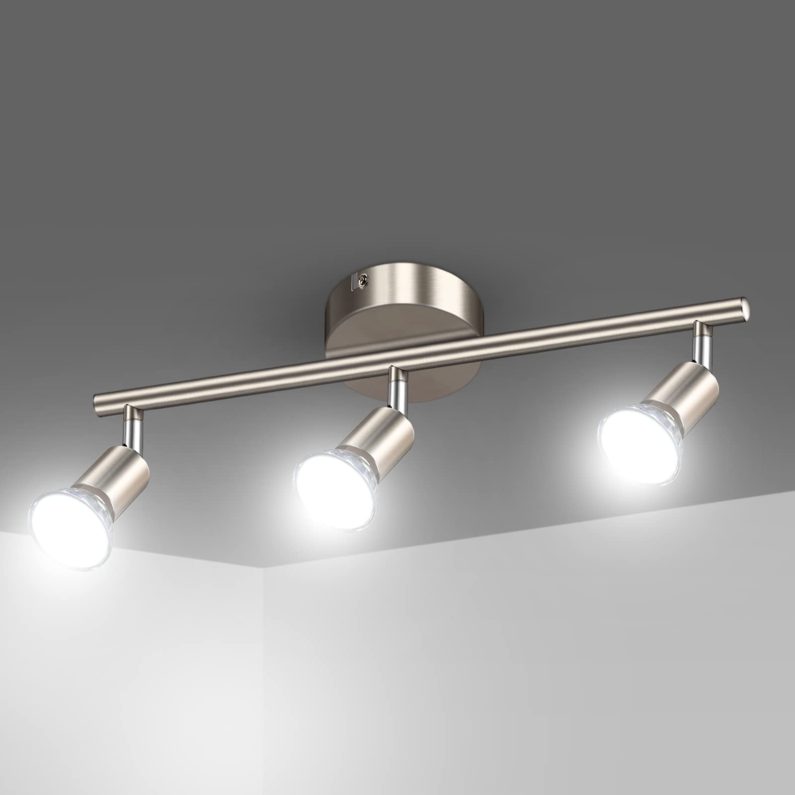 Uchrolls LED Ceiling Light Rotatable,3 Way Modern Ceiling Spotlight for Kitchen, Living Room and Bedroom, Complete with 3X 4W GU10 LED Light Bulbs (450LM, Cool White)- Matte Nickel