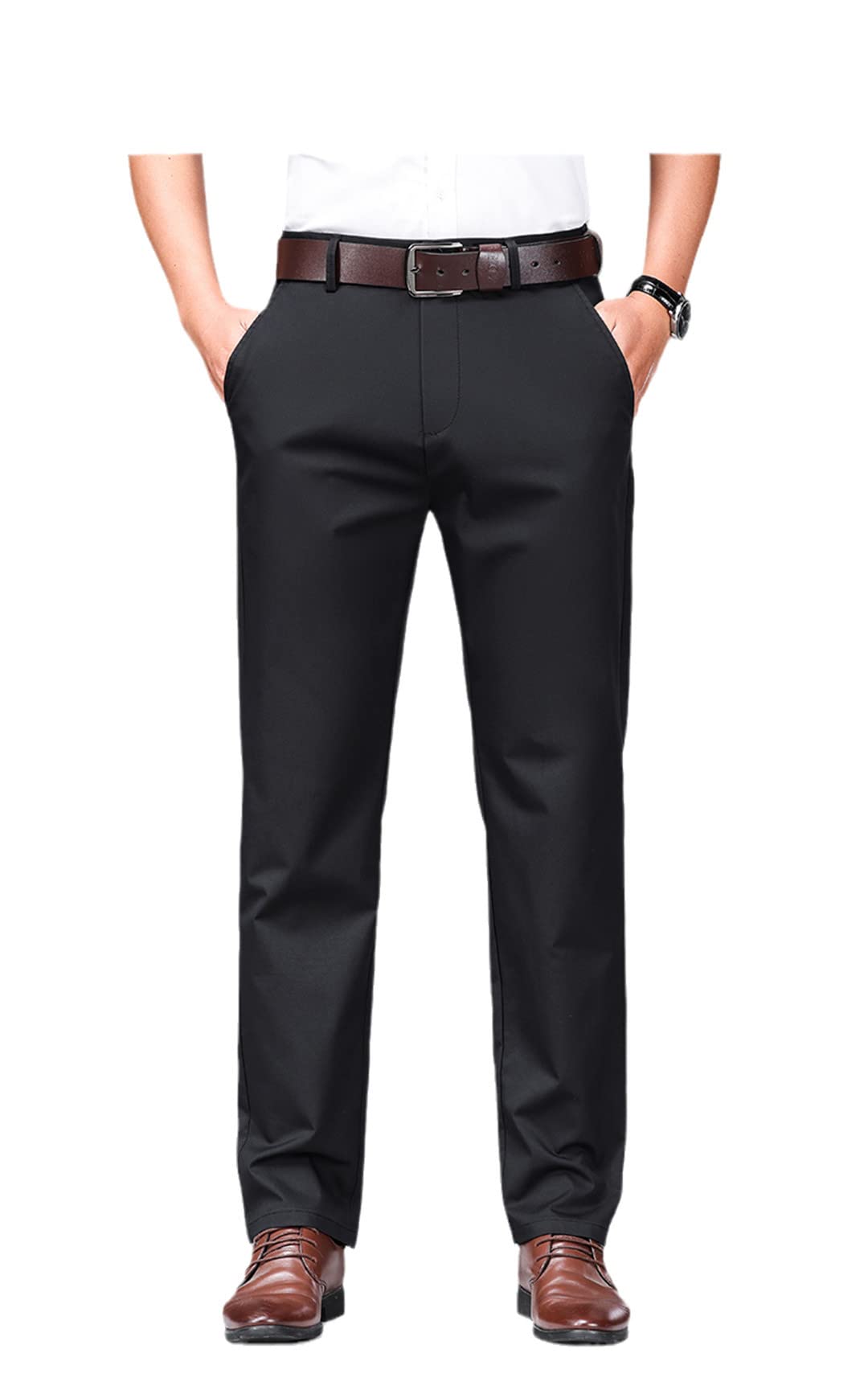 Suwequest Men's Black Summer Thin Straight Casual Pants Light Gray Business Stretch Trousers