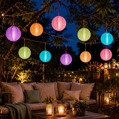 Hellum Lampions außen wetterfest, LED-Lampions Outdoor 10er Set mit Fernbedienung, 12 Farben, dimmbar, Farbwechsel, Ø 30 cm, batteriebetrieben, Laternen für draußen Garten Balkon Hochzeit, 153385