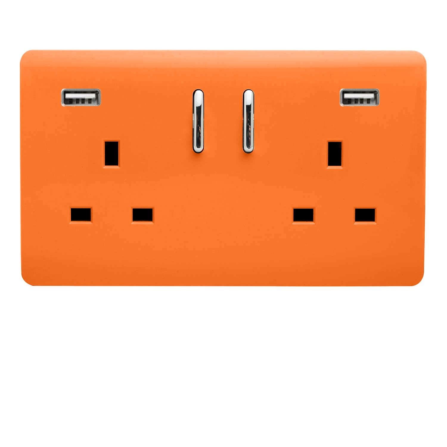 Trendi 2 Gang Artistic Modern Glossy 13 Amp 2 x 3.1mA USB Switched Plug Socket Orange