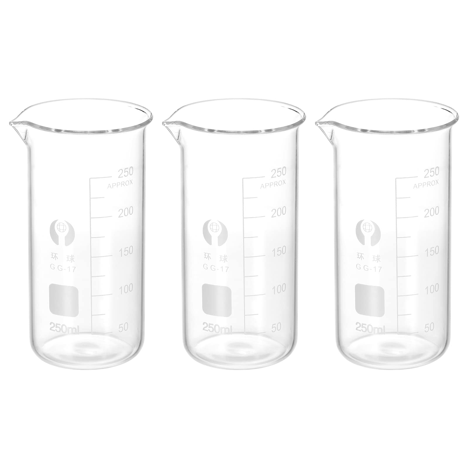 PATIKIL 3Pcs 250ml Tall Form Glass Beaker, 3.3 Borosilicate Glass Graduated Printed Scale Measuring Cups with Spout for Kitchen Lab Liquids
