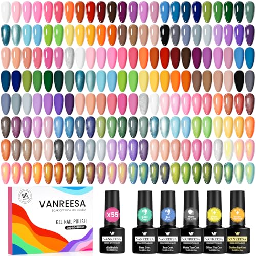VANREESA Gel Nail Polish Set 55 Colours Gel Nail Polish Kit with Base Top Coat Sutiable for All Seasons Nail Varnish Professional DIY Nail Art at Home Gift for Women