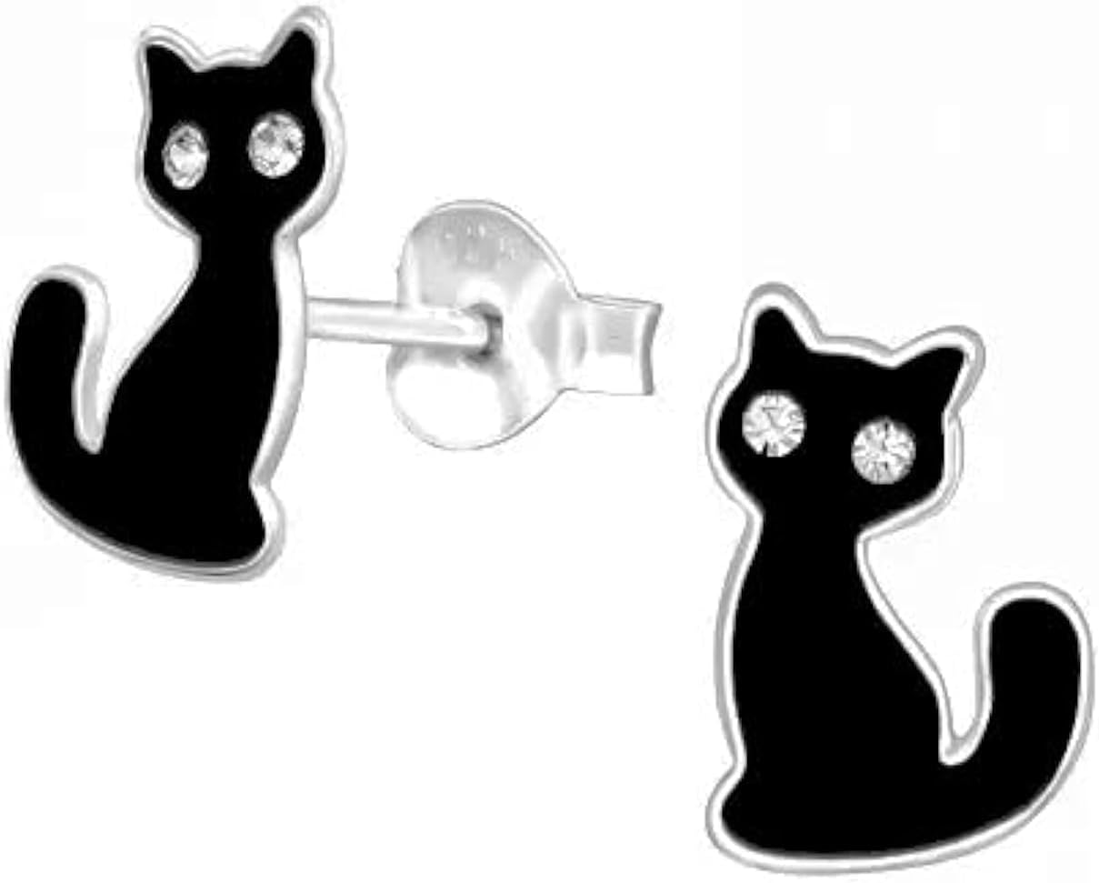 Black Cat Earrings with Crystal Stones - 925 Sterling Silver