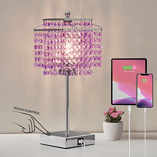 Image of Luvkczc Crystal Table Lamp, Touch Lamp with USB C+A Ports, Dimmable Lamp | with Crystal Shade, Purple Nightstand Lamp for Girl Bedroom, Living Room, Bulb Included