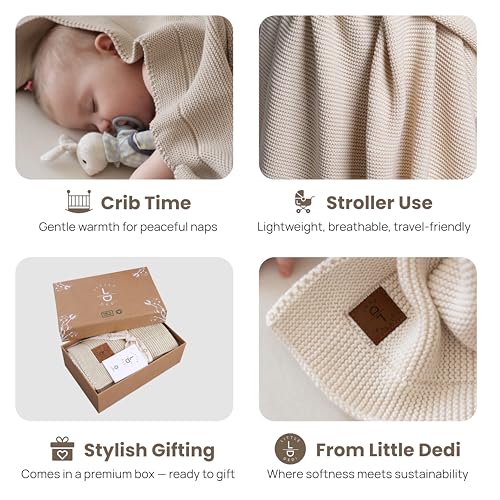 Image of Organic Cotton Baby Blanket 30x40 in, Stone - GOTS Certified, Soft Knit Swaddle with Gift Box, Breathable Nursery Blanket for Crib & Stroller, Machine Washable