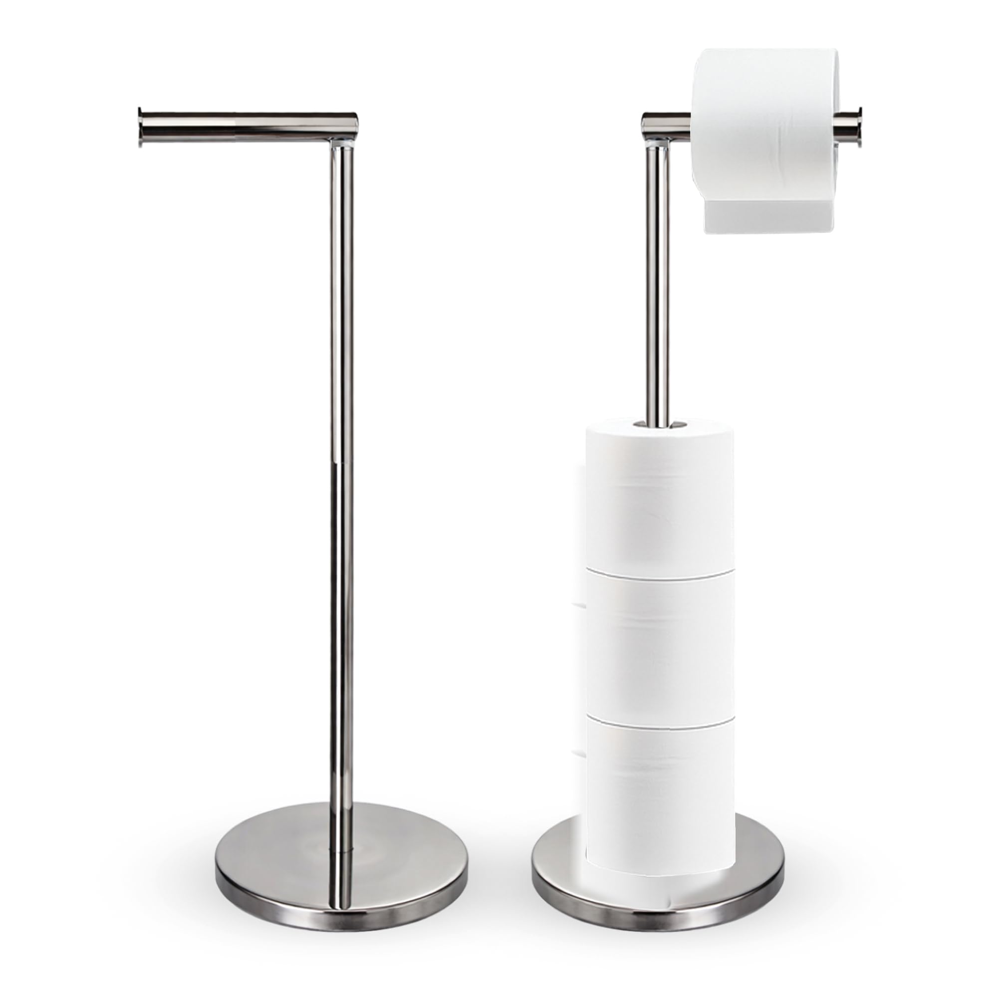 T Matyal Toilet Roll Holder Free Standing - Rust-Proof Stainless Steel Toilet Paper Holder Upto 5 Rolls | Anti-Slip Base | No Drill Easy Assembly Toilet Paper Storage | 56.5 x 16.8cm (heavy base)