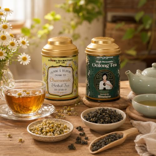 Image of Sancha Tea Boutique, Tea Combo Pack: Chamomile Herbal (50g) & High Mountain Oolong Teas (50g), Loose Leaves, Supports Calming & Weight Relief