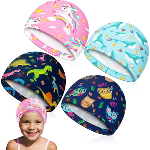 Gabotrie 4 PCS Kids Swim Caps, Cloth Fabric Swimming Caps, Cute Children's Swim Bathing Cap for Long and Short Hair, Swimming Hat Pool Cap for Kids Boys Girls(Whale,Owl,Unicorn,Dinosau)