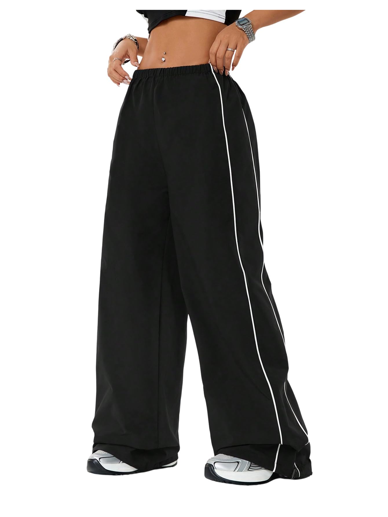 Womens Striped Side Casual Pants Elastic Waisted Wide Leg Trousers Streetwear Pants