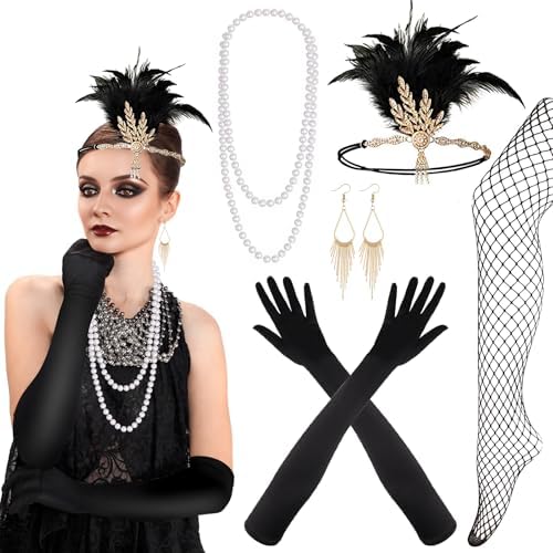 PLULON 8-Piece 1920s Flapper Great Gatsby Accessory Set Fashion Roaring 20's Theme Set with Headband, Headwear, Long Black