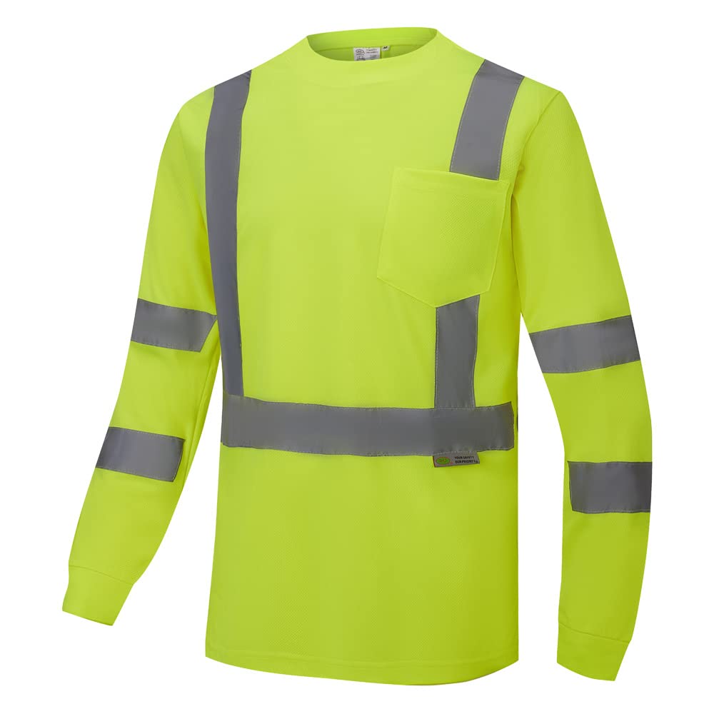 3C Products ST3300 Class 3 Hi-Vis Long Sleeve T-Shirt/Reflective Strips Cotton Feel Chest Pocket Neon Green/Yellow/Lime (4X-Large)