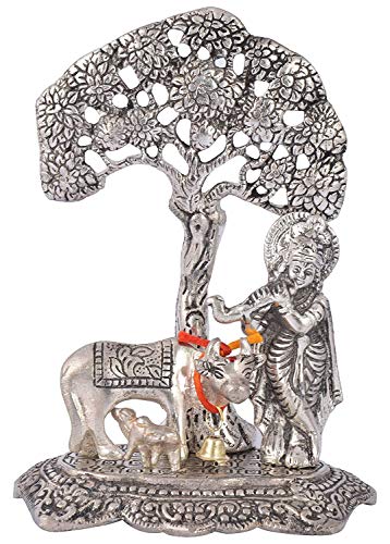 Image of Lavanaya Silver Lord Krishna with Cow Standing Under Tree Playing Flute Silver Plated Figurine (12x8x17cm), Floral
