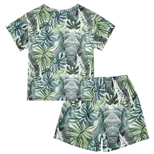 ALAZA Elephant Palm Leaves Watercolor Pajamas Short Sleeve 2 Piece Sleepwear Top and Bottom Pajama Set Unisex2
