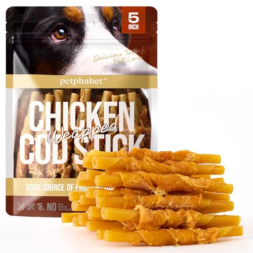 PETPHABET Chicken Wrapped Cod Sticks Dog Treats - 5 Inch Healthy Jerky Rawhide Free Dog Chews, Soft Puppy Training Snacks for Small, Medium, Large Dogs, Rich in Omega-3, High Protein & Low Fat, 14oz