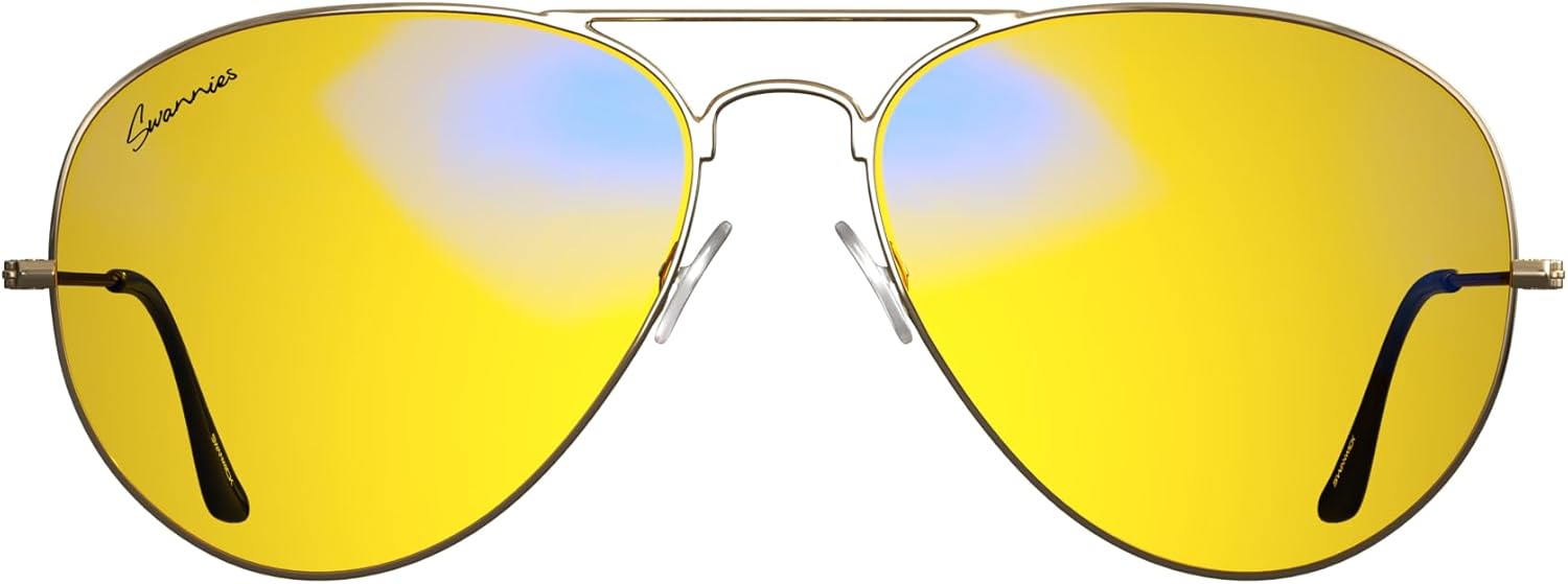 Swanwick Aviator Relax Swannies Blue Light Blocking Glasses, Nighttime Amber Lenses, Adjustable Nose Pads & Spring Hinges