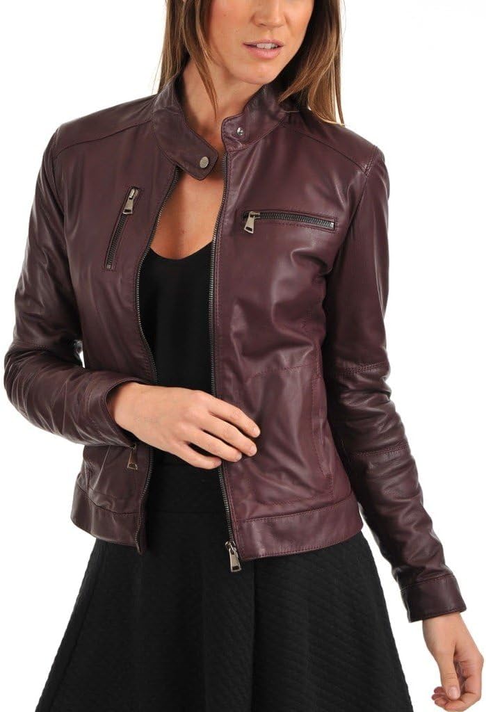 LL LEATHER LOVERS Women's Lambskin Leather Bomber Biker Jacket