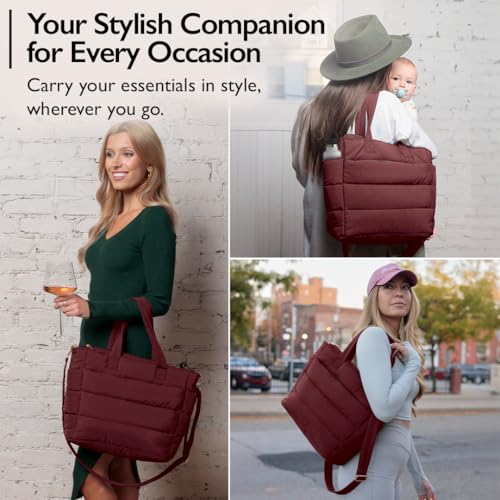 Dark Red Quilted Puffer Tote Bag for Women Work Travel Gym - Puffer Crossbody Bag Waterproof Carry All Soft Puffy Tote Bag with Zipper, Pockets, Laptop Slot, Luggage Sleeve - Puffer Purse USA Brand4