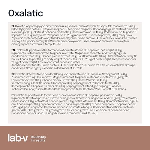Lab-V Oxalatic für Katzen – Ergänzungsfuttermittel zur Unterstützung bei Calciumoxalatsteinen – 90 Kapseln – ohne künstliche Zusatzstoffe – leicht zu verabreichen