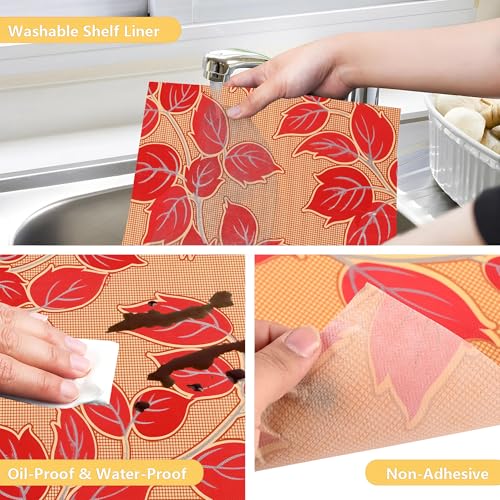 Image of Kuber Industries 5 Meters Waterproof & Durable Kitchen Mats for Shelf Liner Roll | Wipeable Fridge Sheets for Shelves Cabinet Drawer | Red Flower - Mustard Yellow