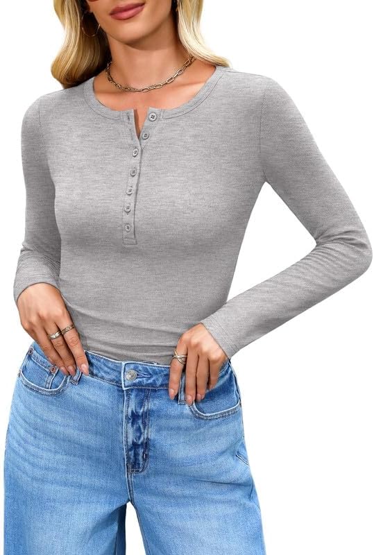 Misakia Long Sleeve Shirts for Women 2025 Spring Fall Tops Henley Button Ribbed Tunic Slim Fit Trendy Outfits