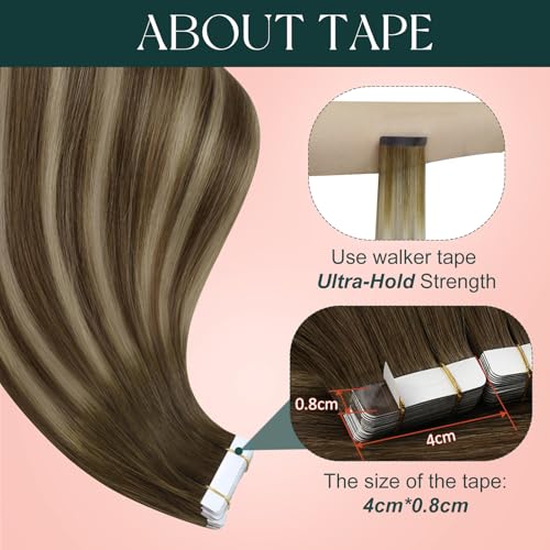 Image of Easyouth 24In Tape Extensions Human Hair Balayage Tape Hair Extensions Real Human Hair Brown Ombre Caramel Blonde with Brown Tape on Human Hair Extension Simple to Put in 50g 20pcs