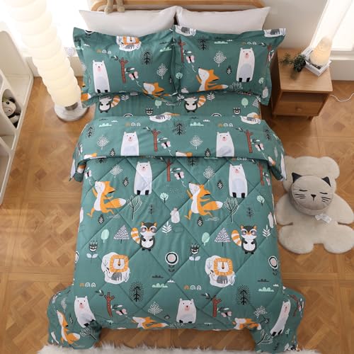 JSD - JSD Green Animal Forest Kids Comforter Set, 2 Pieces Twin Microfiber Comforter with Pillow Sham, Soft Comfortable Machine Washable
