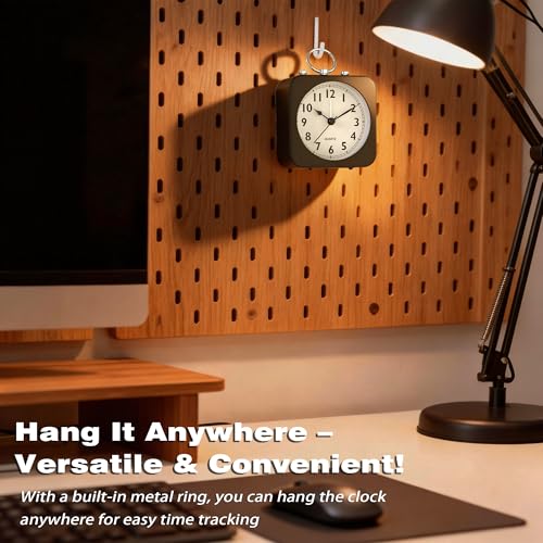 Image of AYRELY Small Metal Alarm Clock, Desk and Table Clock for Travel | Battery Operated Retro Silent Clock with Light for Bedroom, Bedside, Shelf and Living Room Decor (Black)
