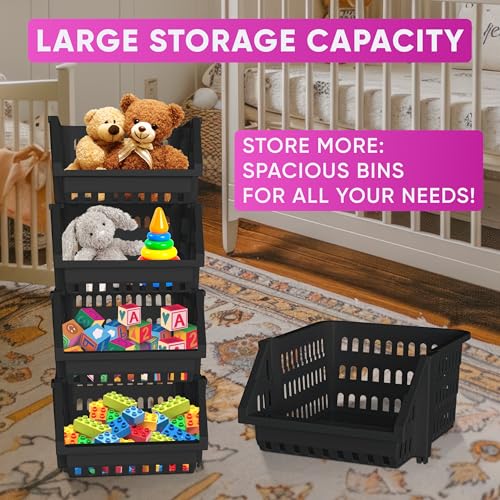 Skywin TidyFriend Small Plastic Stackable Storage Bins for Pantry,4 Pack Open Front Storage Bins, Toy Organizers, Kitchen, Bathroom Essentials (Black)