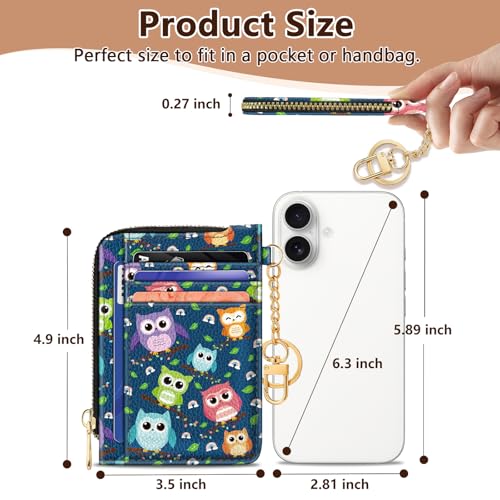 Image of GIANCOMICS Slim Wallet Credit Card Holder Women, Owls Rfid Blocking Small Card Case, Keychain Thin Pocket Curved Zipper Wallet, Travel Card Holder PU Leather ID Window, Ladies Female Gifts